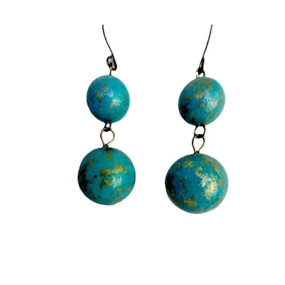Vintage 1970s Blue Turquoise Bead Dangle Earrings Boho Gold Fleck Hook Drop